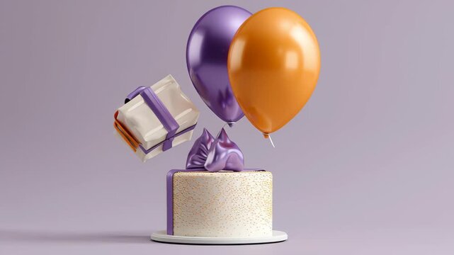 Colorful balloons and gift box floating above a decorated cake with shiny icing and vibrant ribbons creating a festive atmosphere for celebrations and special occasions in a visually appealing arrange