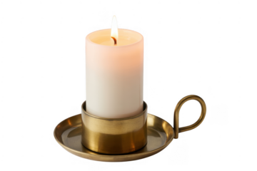Lit white candle on gold tray lit candle flame isolated on a transparent background