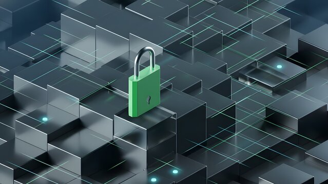 Cybersecurity Lock Icon: 3D Render of Green Padlock Protecting Data on Futuristic Metallic Digital Network Grid Background | Secure Information Technology.