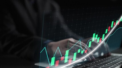 A businessman works intently on a laptop, analyzing financial market trends through a digital graph visualization that highlights stock trading growth. Copula - Powered by Adobe