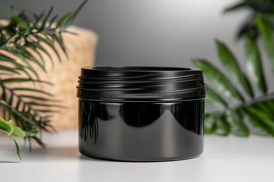 Sleek black container holding gainer powder displayed with leafy plants in a bright, modern setting