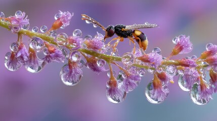 Close-Up of Insect on Flowering Stem with Water Droplets in a Colorful Natural Setting, Macro Photography of Nature and Tiny Creatures