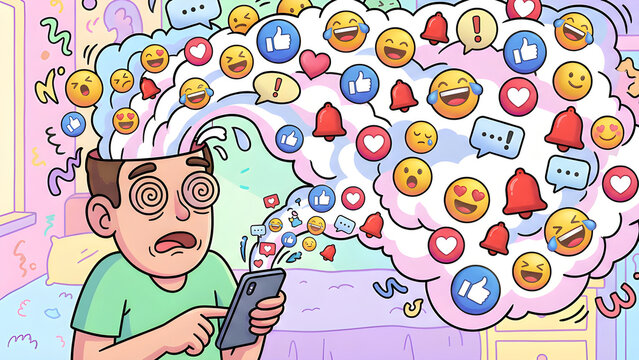 A cute cartoon illustration of a person's head exploding with a cloud of emojis and social media icons due to digital information overload.