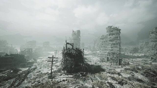 stormy ruined outpost atop rubble, makeshift antenna and leaning poles surround small shelter ruins, scattered tools and tarps suggest recent occupancy, tenuous