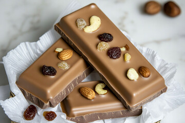 Indulgent collection of chocolate bars topped with an assortment of nuts and dried fruits