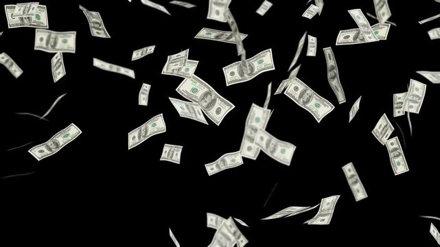Money rain loop one hundred dollar on black background loopable overlay, hundred dollar banknotes rain with alpha channel. us currency falling down, falling cash money background 4k.