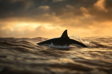 Shark dorsal fin emerges from waves during sunset at the ocean