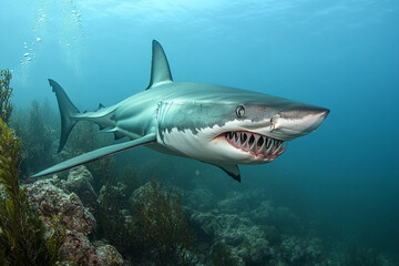 Massive shark displays powerful teeth while swimming through vibrant underwater environment