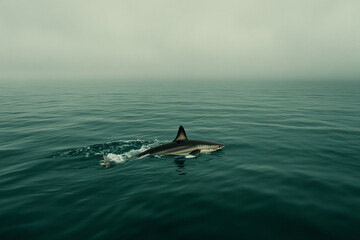 Sharks dorsal fin cutting through calm ocean waves in misty conditions during early morning hours
