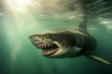 Massive shark displays sharp teeth while swimming in clear ocean waters during daylight hours