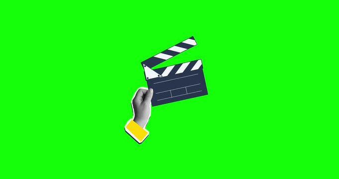 Hand with clapperboard. Modern collage style. Green screen background.  4K stop motion animation