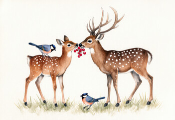 Naklejka premium Deer and Bird Sharing Berries in a Meadow