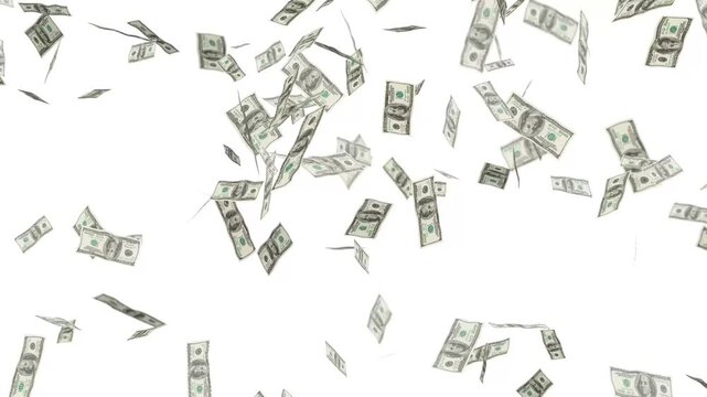 Money falling dollar banknotes on a transparent background with alpha channel, loopable 4k. falling cash money background, money overlay.