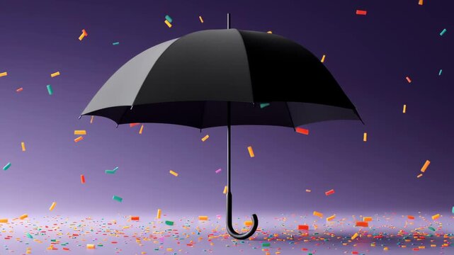 Black umbrella standing upright amidst colorful confetti raining down on a vibrant purple background, showcasing a dynamic celebration scene with playful elements and festive atmosphere