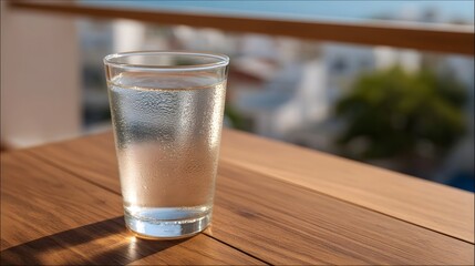 Naklejka premium A chilled glass of water covered in condensation rests on a wooden table on a bright day with a blurred outdoor view