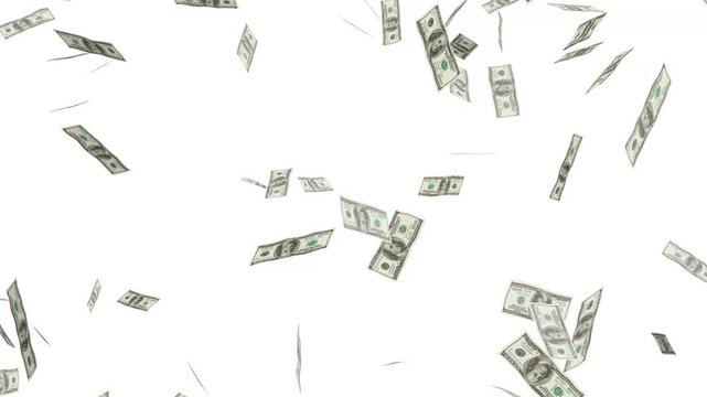 Money falling dollar banknotes on a transparent background with alpha channel, loopable 4k. falling cash money background, money overlay.