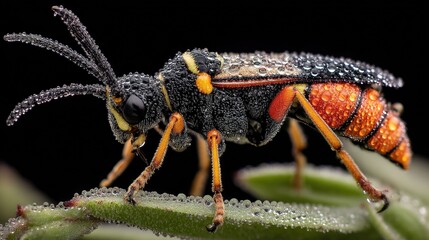 Close-up of a vibrantly colored insect covered in drops of dew sitting on a green leaf, showcasing nature's intricate beauty and details in macro photography