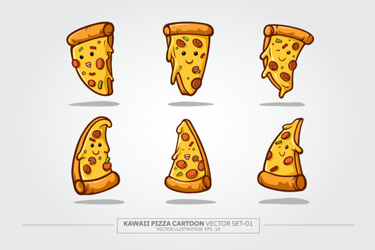 Vector illustration Set of 6 kawaii cute cartoon of pizza characters in poses isolated on white background.