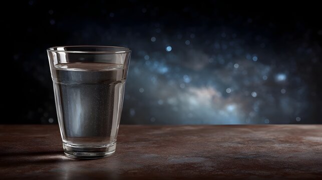 A clear glass of pure water rests on a rustic table set against the dramatic backdrop of a deep starry night sky