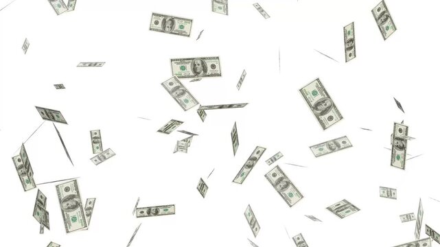 Money falling, hundred dollar banknotes rain with alpha channel, loopable 4k money overlay, falling cash money background.