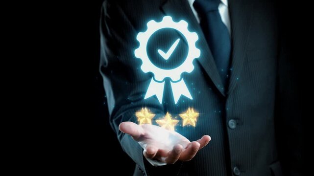 A business professional showcases a digital badge representing quality assurance and excellence, complemented by five stars, symbolizing outstanding performance and trust. Qubit