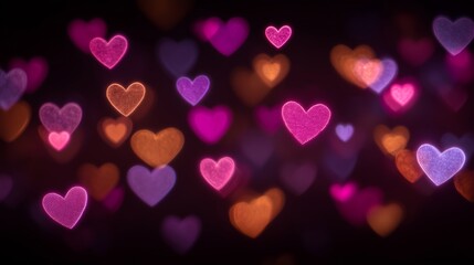 Glowing Neon Heart Bokeh on Dark Background