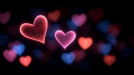 Obraz premium Glowing Neon Heart Bokeh on Dark Background