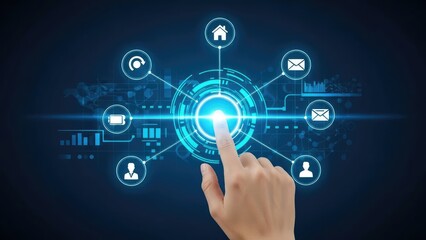 Close-up of finger with glowing blue fingerprint on futuristic digital background with circuit board design