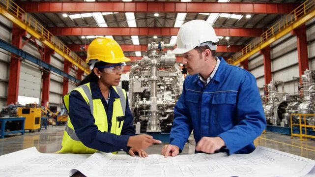 Engineering Dialogue in a Modern Factory: A focused moment of collaboration unfolds as a male and female engineer confer over blueprints amidst the intricate machinery of a modern factory.