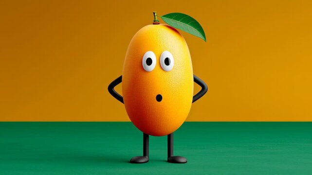 Cartoon character mango with expressive eyes and leaf on head transitioning from confusion to concern while standing on green surface against vibrant orange background
