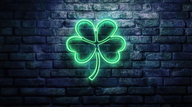 Neon four leaf clover on brick wall background glowing and flickering motion graphics animation seamless loop