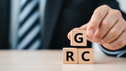 Businessman placing wooden block with letter g on top of blocks with letters r and c on a desk