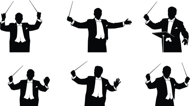 Silhouette vector set of 6 orchestra conductor poses baton raised cueing soft loud stop and tempo keep