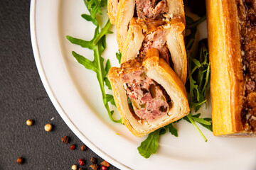 pate en crout in pastry natural baking healthy food main course ingredient appetizer fresh tasty table setting gourmet food background on the table rustic food top view copy space