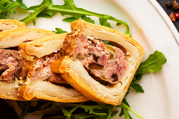 pate en crout in pastry natural baking healthy food main course ingredient appetizer fresh tasty table setting gourmet food background on the table rustic food top view copy space