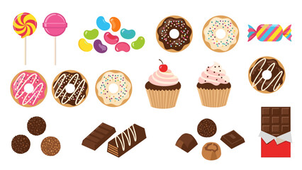A colorful vector graphic illustration of various sweet treats and desserts, including donuts, cupcakes, candies, and chocolates, arranged in a visually appealing composition.