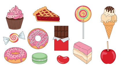 A colorful vector illustration of various sweet treats and desserts arranged in a flat design style