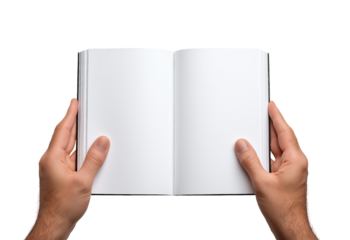A pair of hands holding an open book with blank white pages isolated on a transparent background blank pages