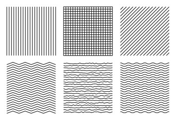 Collection of hand-drawn geometric line patterns and swatches. Geometric linear patterns and swatches. Minimalist, sketchy linear elements created with pen, brush, and ink. Vector