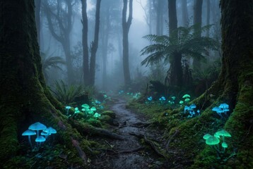 Ethereal bioluminescent mushrooms glowing in a misty forest landscape surrounded by verdant foliage and towering trees creating a captivating woodland atmosphere