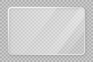 Glass plate on transparent background. Acrylic and glass texture with glares, light, and reflection. Realistic, transparent glass window with a mirror background. Vector