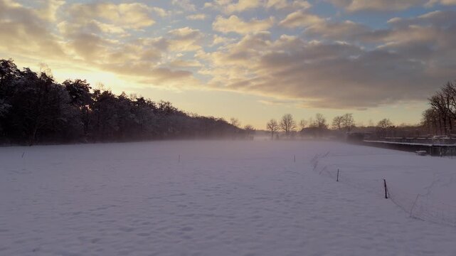 Drone Flight from Winter Mist to Sunlight