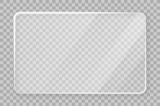 Glass plate on transparent background. Acrylic and glass texture with glares, light, and reflection. Realistic, transparent glass window with a mirror background. Vector