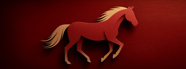 A red horse with a golden mane and tail runs across a dark red background