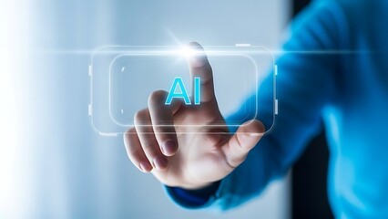 A person in blue shirt interacting with futuristic ai interface on transparent screen with finger