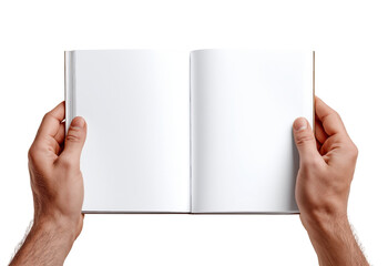 Two hands holding an open blank book with white pages isolated on a transparent background open book