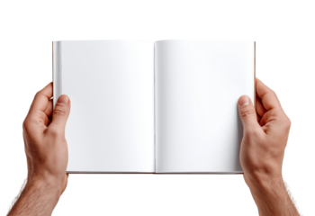 Two hands holding an open blank book with white pages isolated on a transparent background open book