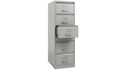 Gray metal filing cabinet with open drawer isolated on white background