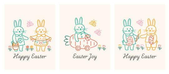 Obraz premium Happy Easter celebration illustrations with bunnies, colorful flowers, spring enjoyment. Cute modern Easter greeting cards. Easter vertical banners with rabbits, eggs, flowers.