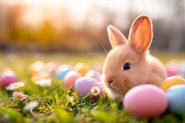 Small rabbit is laying in a field of Easter eggs